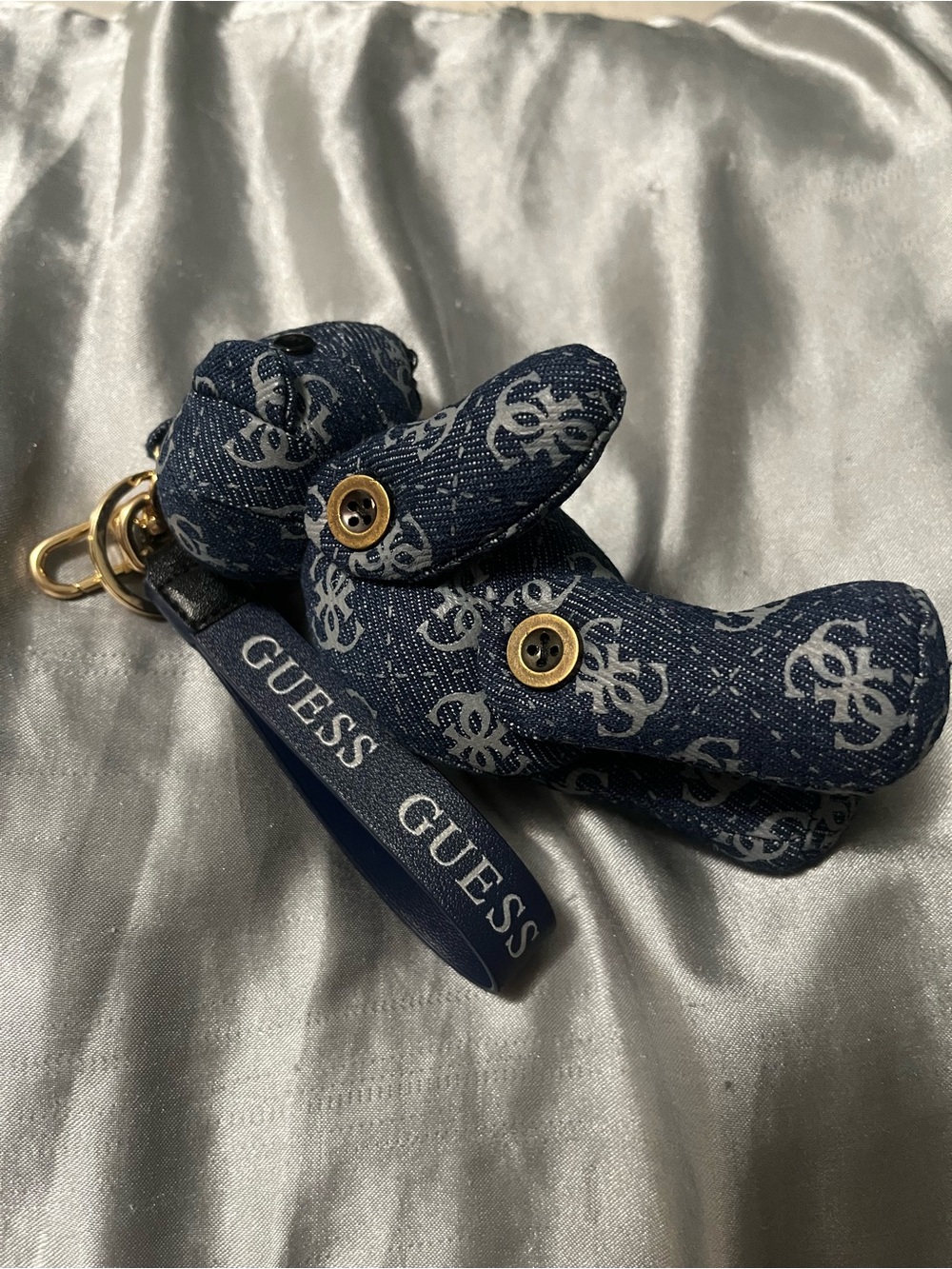 GUESS Logo Denim Bear Bag Charm with Gold Keyring - Picture 5 of 5